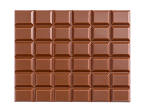 Whole Chocolate Bar with Sharp Segments, Front View, Light Reflection, Isolated