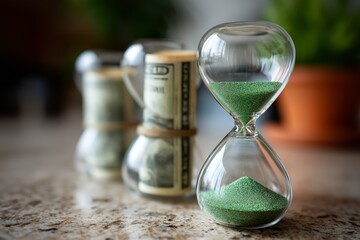 Hourglass with green sand and rolled money bills on background, symbolizing time, money, value for finance, productivity, time management, budgeting, investment, business planning, economic visuals