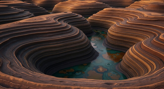 Stylized digital landscape of layered terracotta canyons with a winding turquoise watercolor river, an abstract geological formation.