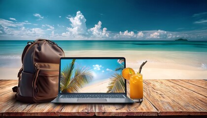 laptop wooden table beach with tropical drinks and backpack nearby evoking relaxed work