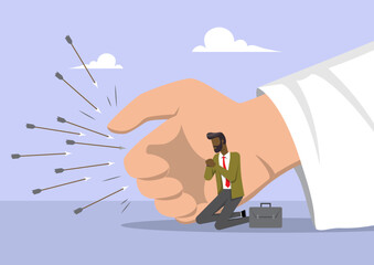 a businessman kneeling safely behind Jesus's protective hand