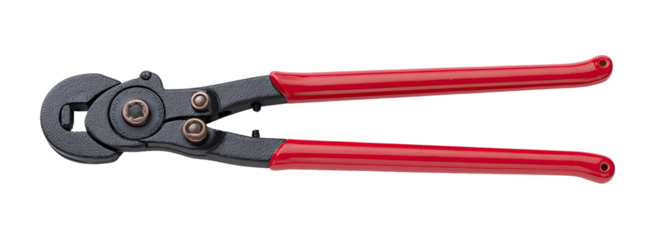 Black metal tool with red handles.  It's a pair of wire strippers or cutters
