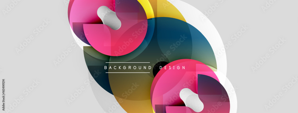 Poster abstract colorful shapes overlap, creating dynamic composition. white background enhances vibrant hu