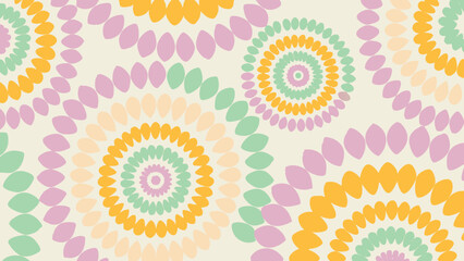 Pastel circles with leaf like shapes in a radial pattern on a light background creating a seamless design
