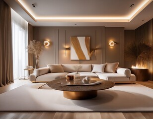 a refined modern living room featuring a sculptural coffee table plush sofa and elegant ambient lighting with high end decor
