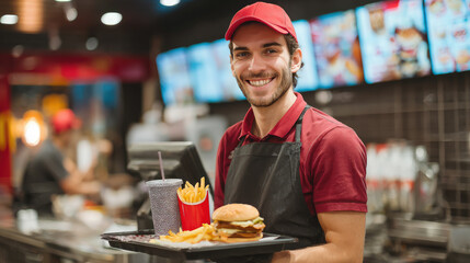 young smiling male waiter holds out tray with hamburger and french fries, fast food restaurant employee, cashier, junk food, meat, burger, guy works part-time in cafe