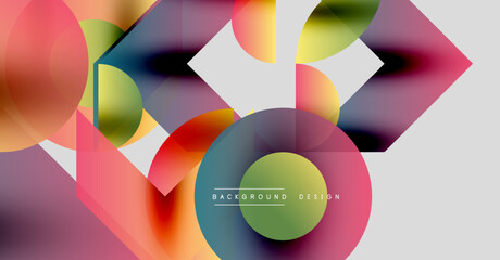 Obraz premium Abstract geometric shapes overlap, creating vibrant colorful background. Fluid gradients blend, forming modern design elements.