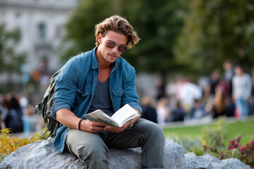 Fototapeta premium Trendy young man reading a book in a city park while wearing outdoor trekking gear, casual gorp-core mix, 