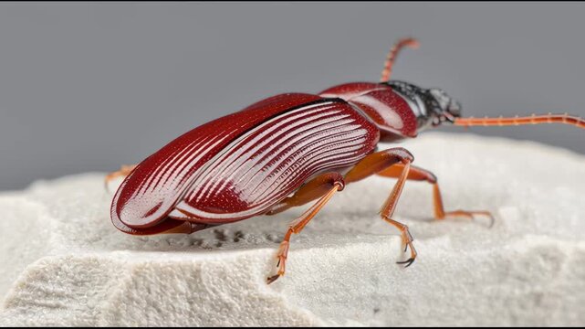 Close-up of vibrant reddish-brown beetle, showcasing intricate textures and details, ideal for nature studies or educational content.
