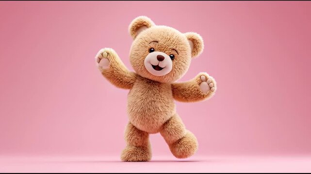 Cheerful teddy bear dancing, plush toy with soft fur on pink background, perfect for children's party themes or playful decor.