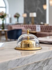 A gleaming golden service bell sits elegantly on a marble reception desk, promising attentive assistance in a sophisticated hotel lobby.