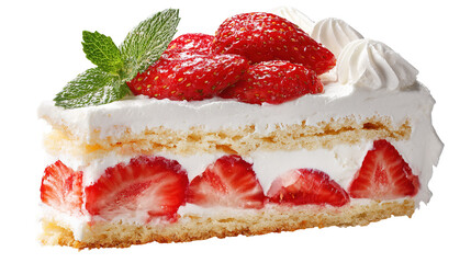 A delicious slice of layered strawberry cake featuring three soft layers of cake and creamy filling, topped with fresh strawberries, perfect for dessert lovers.