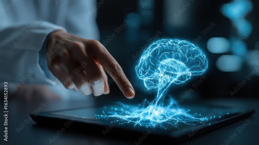 Poster a glowing human brain interface is visualized on a digital tablet, representing advanced neurologica