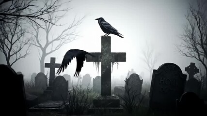 Foggy graveyard with a crow perched atop a cross tombstone in a somber scene - Powered by Adobe