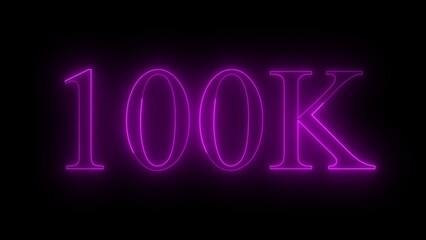 Glowing Neon Purple 100 K Text on Black Background Celebration Concept 100K one hundred thousand