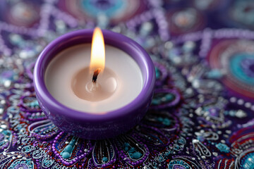 vibrant purple mandala background with glowing candle in center, symmetrical and festive design, 