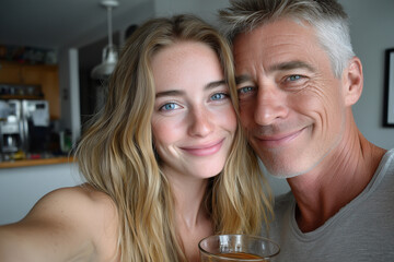 A beautiful, happy couple smiles warmly at the camera, a woman with long blonde hair and a mature man with grey hair. They are taking a selfie in a bright, modern indoor setting, holding a glass.