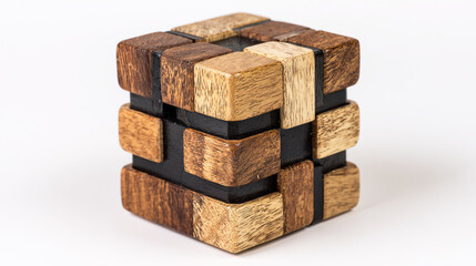 A wooden cube toy with multiple parts, each part is made of different wood and has black trim on the edges.