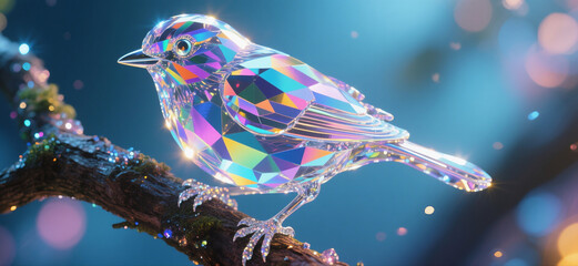 Stunning crystal bird with rainbow geometric patterns perched on mossy branch