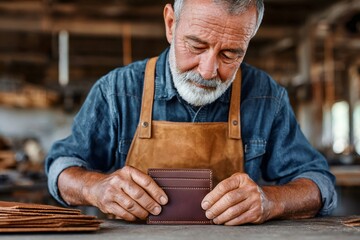 Shoemaker finishing working on handmade leather wallet in workshop