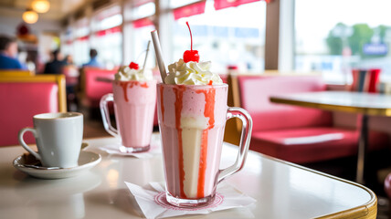 A close-up photograph of milkshakes in tall glass mugs on a white table surface in a retro-style diner. 

