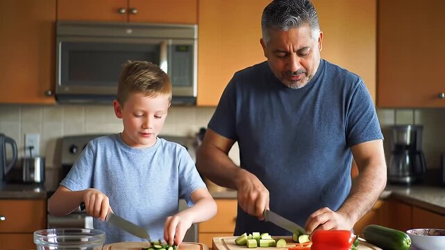 Father and son cut vegetables together on butcher blocks in a bright, modern kitchen
