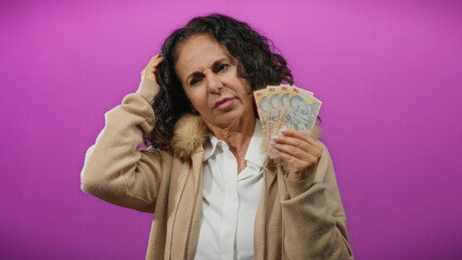 Middle-aged woman holding romanian banknotes with an expression of confusion against a vibrant...