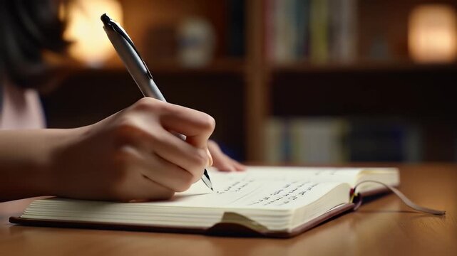 Close up of a person's hand writing in a journal on a wooden desk, indoors