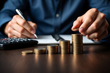 Close up of a person s hands stacking coins in increasing piles on a wooden desk next to a calculator and notebook while writing with a pen symbolizing financial growth and investment management
