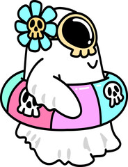 Retro Groovy Cartoon Summer Ghost with Floatie