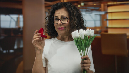 Woman with white flowers and ring box in a cozy restaurant, displaying surprise and contemplation...