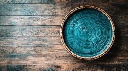 Teal circular plate on a dark wooden surface
