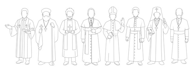 Set lineart religion people. Various cartoon character christian priest, patriarchs, pastor, clergyman. Bundle illustrations who believe Christ. Design for faith, belief, confession and churchman.