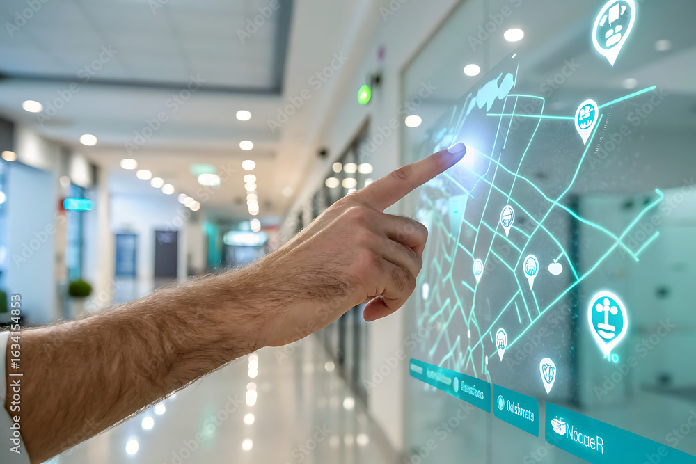 Poster man interacting with interactive map, futuristic technology for navigation and location services