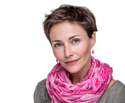 A lovely mature woman smiles gently while looking straight at the camera.