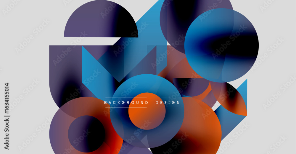Poster abstract geometric shapes overlap, creating vibrant color gradients. design features blue, orange, p