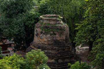 Ancient brick stupa partially covered with greenery in Ayutthaya, Thailand