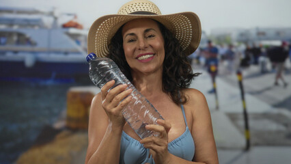 Woman smiling holding water bottle wearing hat in swimsuit at sunny port with boats in background...