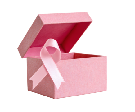 Pink ribbon inside a gift box, a symbol for breast cancer awareness. - Powered by Adobe