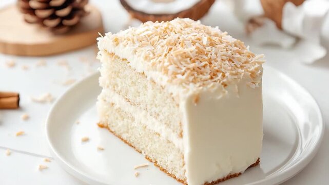Coconut Cake: A delicious slice of coconut cake, a moist, tender cake that&rsquo;s perfect for a sweet treat, presented elegantly.