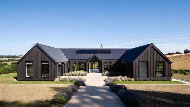 Modern dark timber rural home with gable roofs and large windows