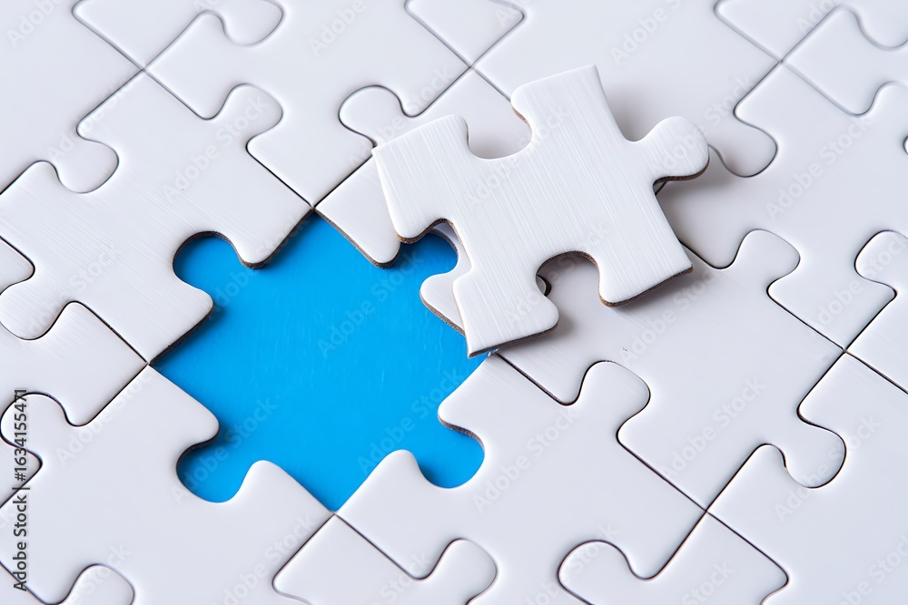 Poster a single white puzzle piece is missing from a completed jigsaw puzzle revealing a vibrant blue backg