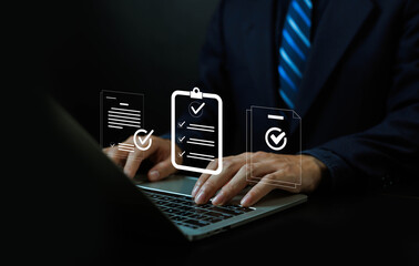 Businessman checking document management on virtual screen. Technology concept of data transfer, file recovery, computer backup, document or data folder transfer. 