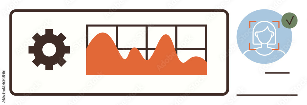 Poster gear icon, graph analytics, and face recognition feature highlight technology, data analysis, and id