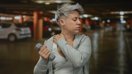 Woman wearing gray hoodie holding light gray dumbbell and rubbing neck with a tired expression inside a parking building; fatigue.