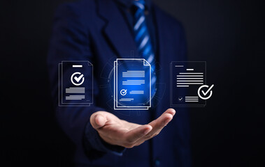 Businessman checking document management on virtual screen. Technology concept of data transfer,...