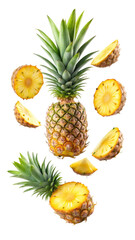 flying pineapple slices isolated on transparent white background, clipping path