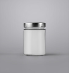 Mockup of a white wax candle in a transparent glass jar with an iron cap, wick, isolated on a background.