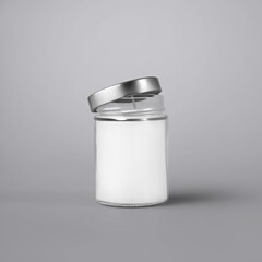 Mockup of a white wax candle in a transparent glass jar with an iron cap, soy aroma candle, with a wick, isolated on a background.