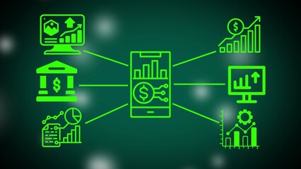 Green Line Art Illustration of Financial Data and Mobile Phone Connected to Charts and Graphs on a Dark Green Background